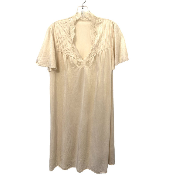 Vintage Nightgown Womens LG Ivory Lace Trim VNeck Short Sleeve Pleated Sleepwear - Picture 1 of 7